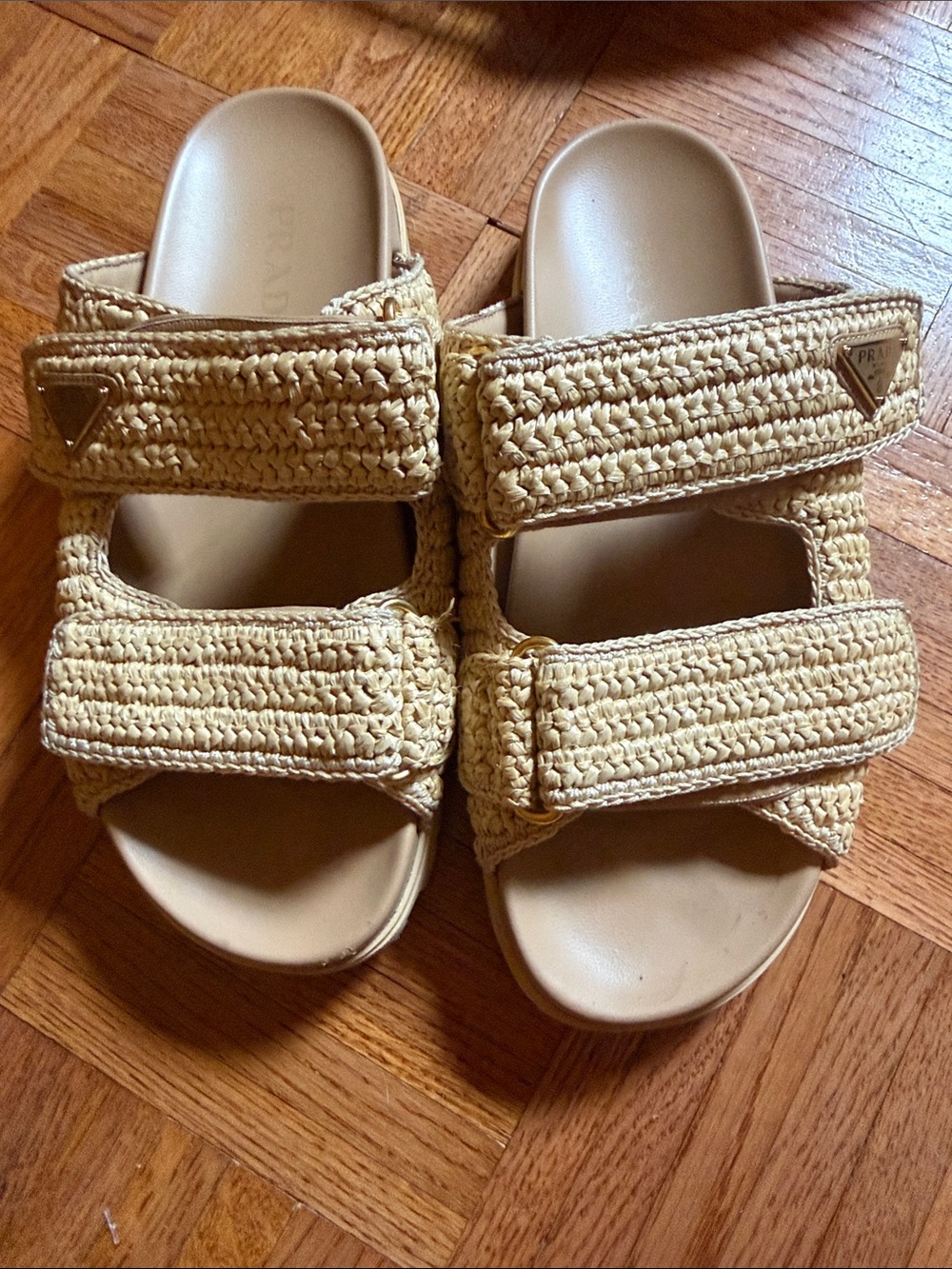 Prada Beige Woven Double-Strap Slide Sandals